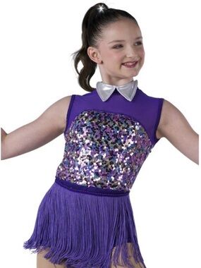 Girls Purple Sequin Fringe Dance Outfit with Silver Collar